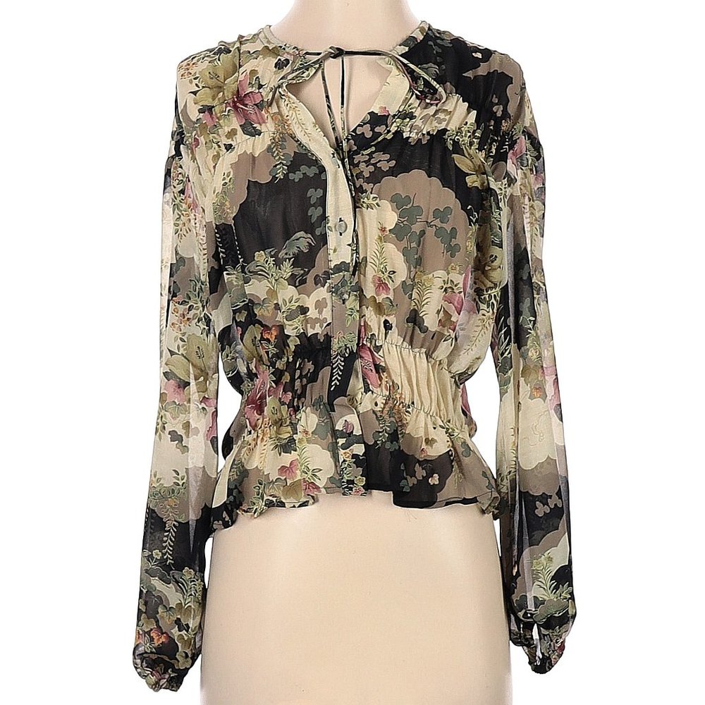 MNG Black Floral Sheer Top Size 2